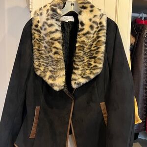 Adorable Tasha Polizzi Fitted Jacket XL with Detachable Faux Leopard Fur Collar